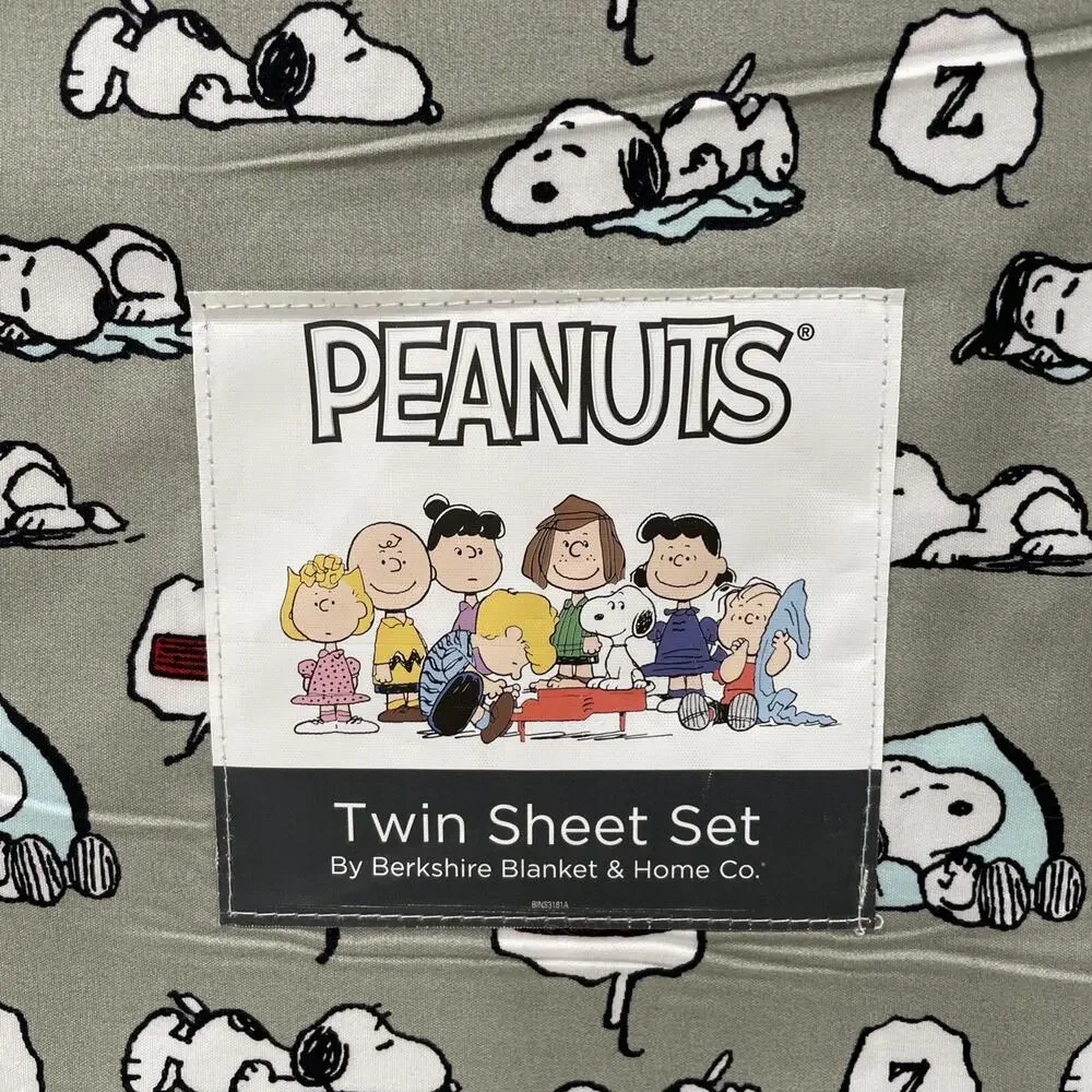 SLEEPY Snoopy TWIN Sheet Set Berkshire Sheets Snoopy Dreaming Gray / Green NEW